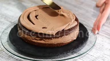用奶油巧克力海绵蛋糕覆盖的糕点。 巧克力蛋糕做蛋糕。 糕点包里的奶油
